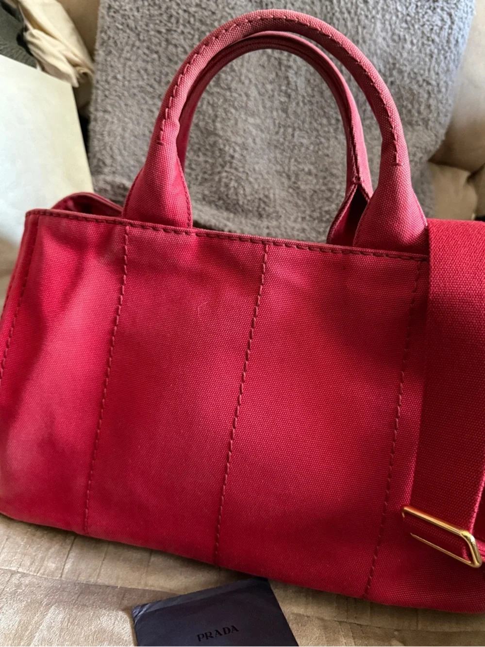 Prada Canapa Pink-Red Canvas Tote with Gold Hardware - Picture 2 of 16